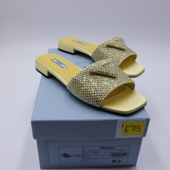 Prada 38 Yellow Crystal Strassed Ciabatte Logo Calzature Donna  Flat Slides E715 - Picture 2 of 13
